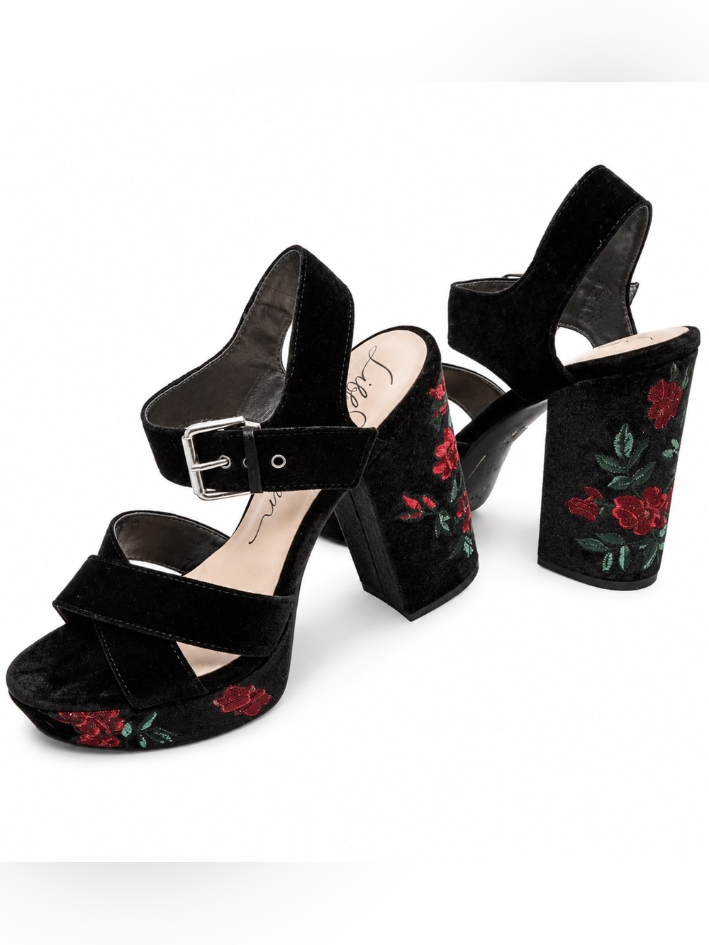 Libby Edelman Marcy Black Velvet Floral Embroidered Platform Sandals Size 10